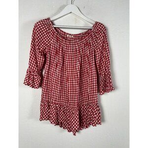 Beachlunchlounge Womens Gingham Off-The-Shoulder Top Large Red 3/4 Sleeve NWOT